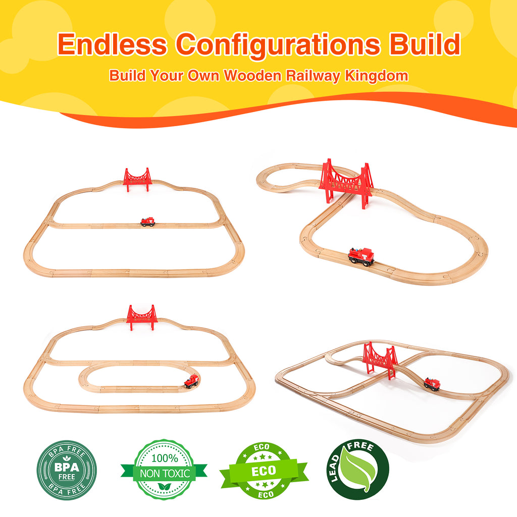 WudBudz Wooden Train Tracks 60 Pcs Set