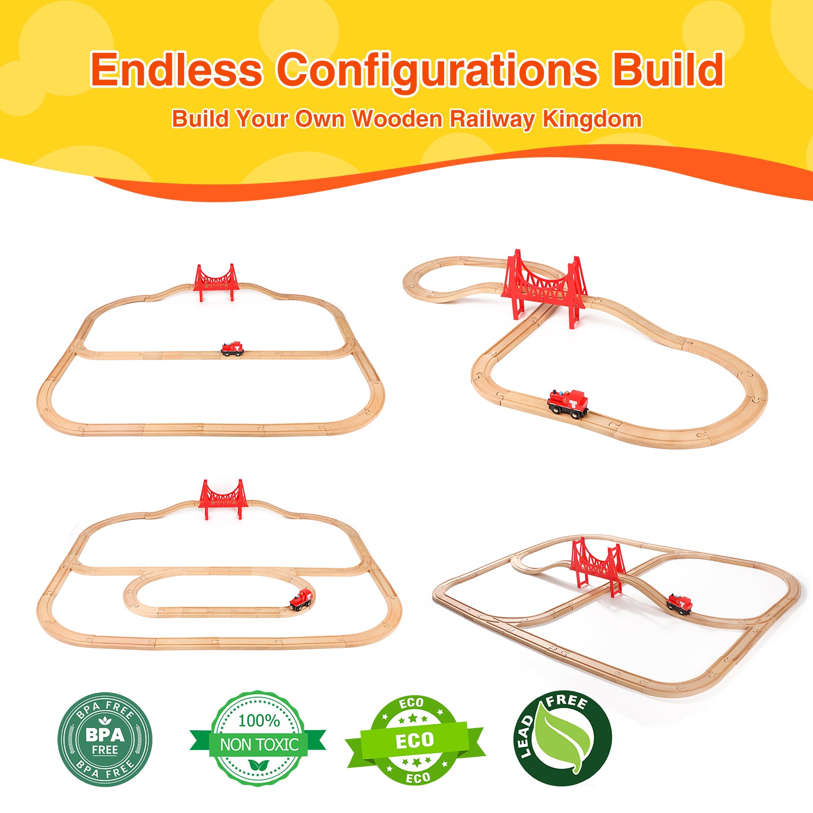 WudBudz Wooden Train Tracks 60 Pcs Set