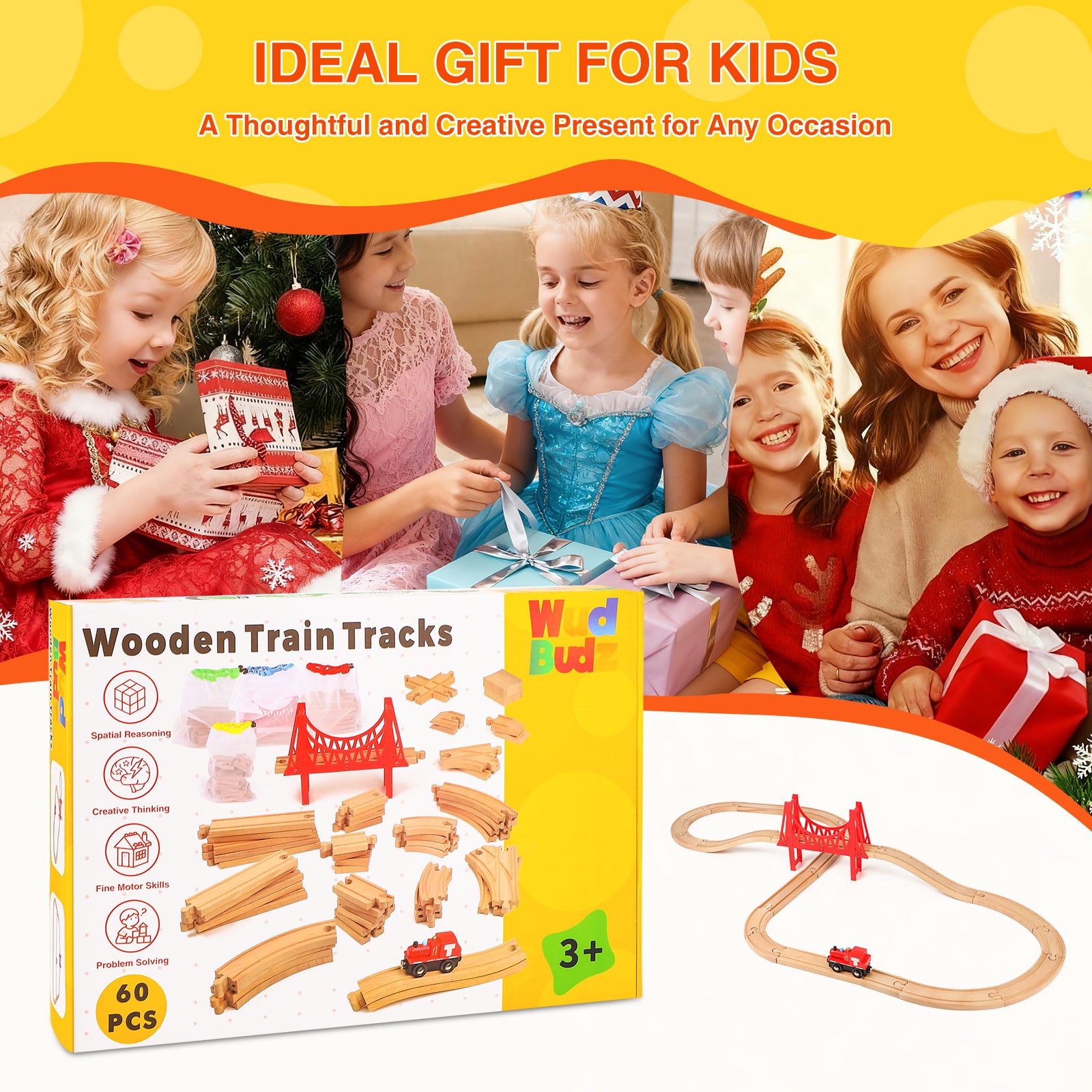 WudBudz Wooden Train Tracks 60 Pcs Set