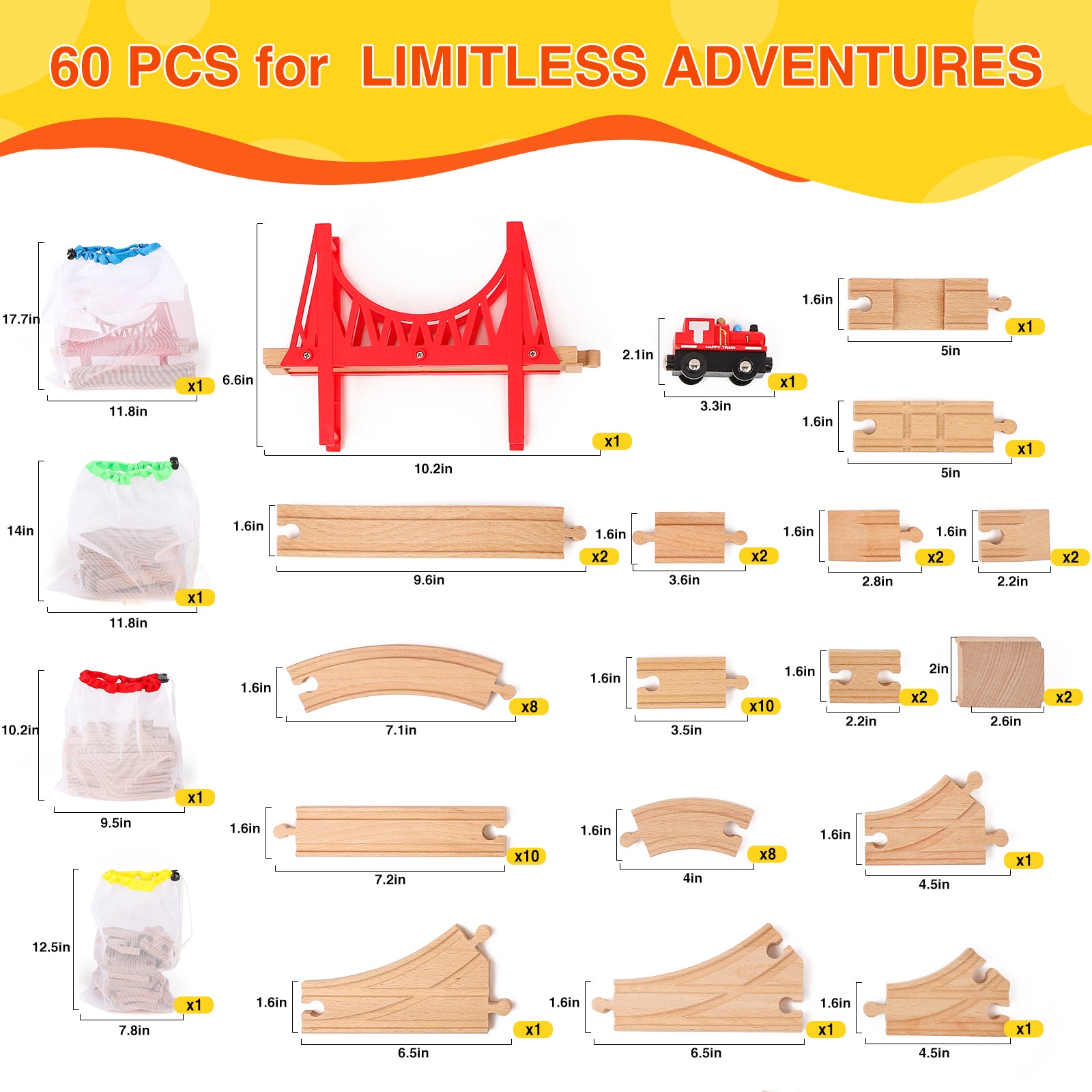 WudBudz Wooden Train Tracks 60 Pcs Set