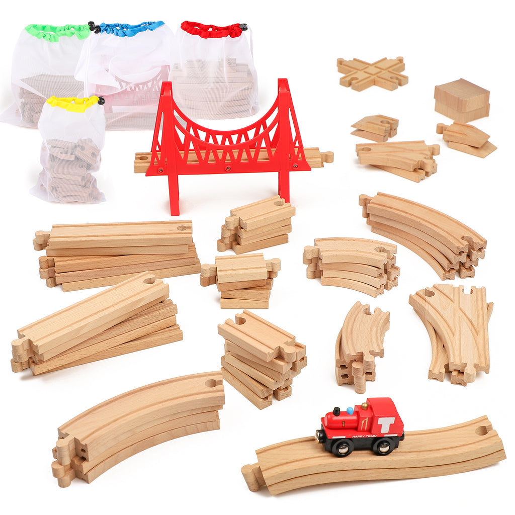 WudBudz Wooden Train Tracks 60 Pcs Set
